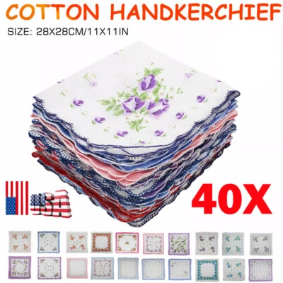 40X Vintage Floral Flower Ladies Handkerchiefs Cotton Pocket Square Women Hanky - Image 1 of 4