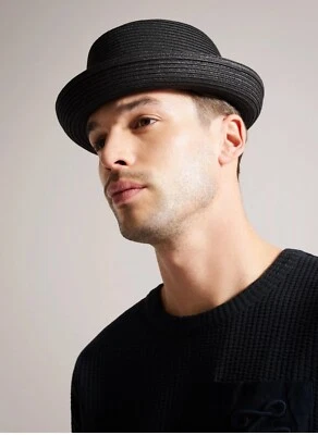 Hombre Ted Baker Axelly Paja Cerdo Tarta Sombrero Nuevo Negro Talla M/L Foto 1 de 4