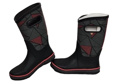 Bogs Kids Size 4 RNBT Geo Rubber Rain Snow Boots Black Red Waterproof Pull-On - Image 1 of 4