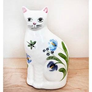 Ceramic Cat by N. S. Gustin/ Folk Art Cat Hand Painted w Butterfly & Flowers - Picture 1 of 10