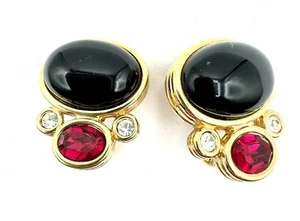 Vintage Runway Monet (YSL?) Black Pink And Gold 1980s Clip Earrings - Picture 1 of 4