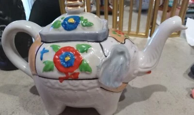 Vintage White Blue Chinoiserie Elephant Porcelain Teapot Japan 6"x9" Majolica  - Image 1 of 4