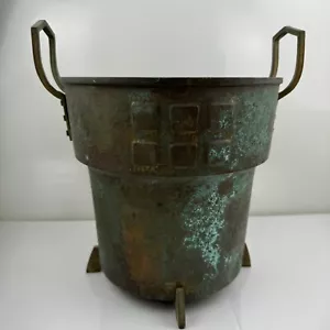 Antique Copper Pot Deep Hand Hammered Embossed High Handles Legs Patina Oxidized - Picture 1 of 22