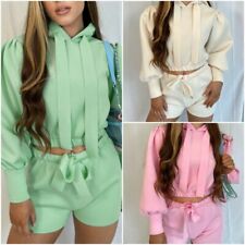 Women's Cropped Ribbon Hooded Puff Sleeve Jumper Top Shorts Two Piece Co ord Set