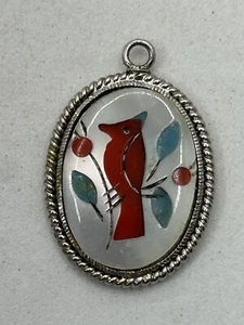 Vintage Silver Tone Coral Turquoise Cardinal Bird Pendant - Picture 1 of 4