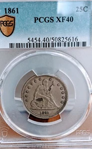 1861 Seated Liberty .25C PCGS XF40 /Gold shield guarantee. Undergraded IMO. - Picture 1 of 6