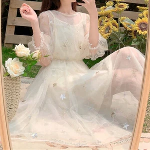 Lady Summer Mesh Midi Dress 2 Pieces Set Star Print Sheer Loose Lolita Sweet - Picture 1 of 13