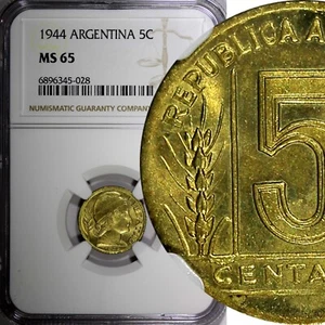 ARGENTINA Aluminio-Bronce 1944 5 Centavos NGC MS65 MEJOR CALIFICADO KM# 40 (028) - Imagen 1 de 5