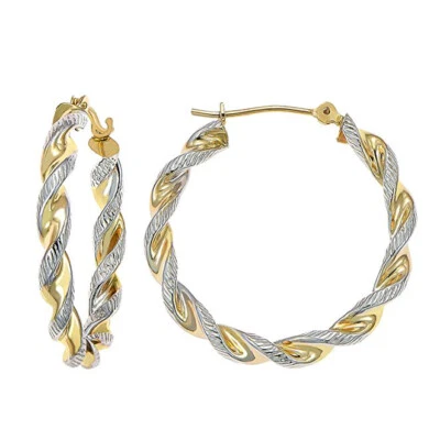 14K Real Solid Gold Two-tone Gold Twisted Rope Round Chunky Creole Hoop Earrings - Image 1 of 4