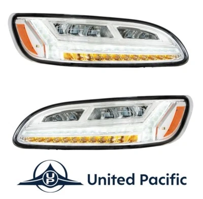 Pair Chrome 6 LED Headlights w/ White Light Bar For 2006-2016 Peterbilt 386 - Image 1 of 4
