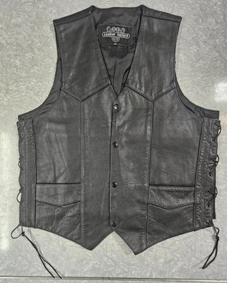 Chaleco de moto vintage de cuero negro Gallery talla 44 encaje laterales broches a presión Foto 1 de 4