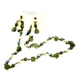 lia sophia Fresh Water Pearl & Moss Agate Necklace & Earrings 16" w/ 3" Extender - Picture 1 of 5