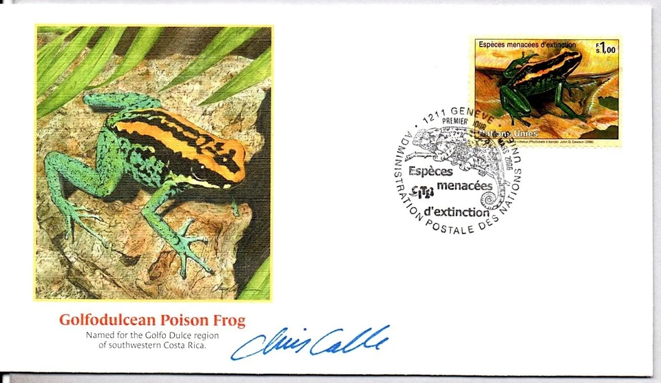 GOLFODULCEAN POISON FROG UN STAMP, COSTA RICA, FDC ARTIST CHRIS CALLE SIGNED FDC - Image 1 of 1