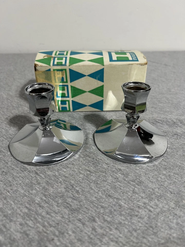 Par de Candelabros Irvinware Vintage Cromo Facetado Hecho en EE. UU. con Caja 2190 Foto 1 de 4