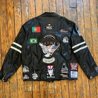 复古 River Road 皮革摩托车夹克男式 46 补丁 Harley Davidson 纽约 — 第 1/4 张图片