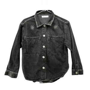 Zara Girls Size 10 Denim Shirt Jacket Black Studded Western Snap Shacket - Picture 1 of 9