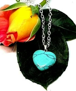 Pretty Heart Pendant Necklace Silver Plated Turquoise 20" Chain Free Gift Bag! - Picture 1 of 2
