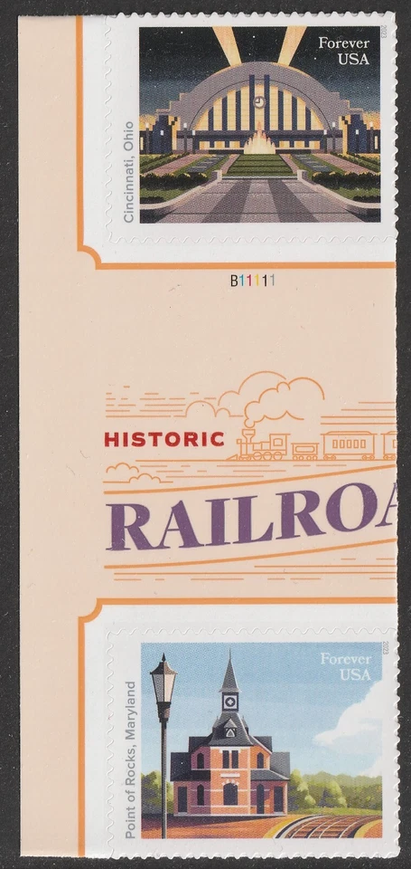 US 5758 5762 Railroad Stations F horz gutter plate pair MNH 2023 - Image 1 of 1