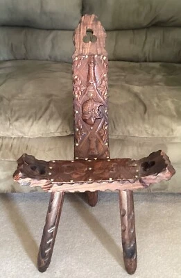 Spanish / Italian Style Carved Wood Leather Ornate Tripod Birthing Chair Vintage - Image 1 of 4
