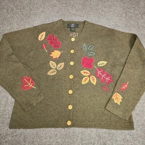 Orvis Cardigan Womens Large Green Shetland Wool Fall Leaves Applique Sweater - Picture 1 of 16