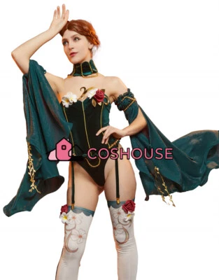 Sexy conjunto de lencería medieval para mujer decoración floral body verde con manga de tul Foto 1 de 4