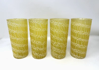 Vintage MCM 1960s Spaghetti String Yellow Glasses 4- 12 Oz Retro Kitchen Decor - Image 1 of 4