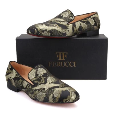 Men FERUCCI Black Slippers Loafers Flat With Gold Chinese Bird Printing
