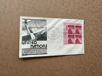 US 1943 FDC +Allied Nations #907 +CS Anderson War Plane & UN Cachet +Plate BLK4 - Image 1 of 2