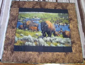 USA Handmade Lap/Throw Size Patchwork Quilt- Buffalo Herd 50" x 56" - Picture 1 of 6