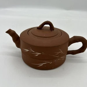 Vtg Chinese Terra Cotta Bamboo Teapot w Lid & Strainer 10oz 8.5in  Glass Case - Picture 1 of 11