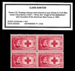 US 1948 - NURSING - # 967 - 3¢ Clara Barton MN Hinged, Block of 4 Vintage Stamps - Picture 1 of 1