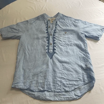 J. Peterman Ancient Roads Blue 100% Linen Embroidered Short Sleeve Shirt Small - Image 1 of 4