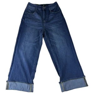 Halara Jeans Womens Medium Flex High Waisted Blue Denim Rolled Hem Wide Leg - Picture 1 of 10