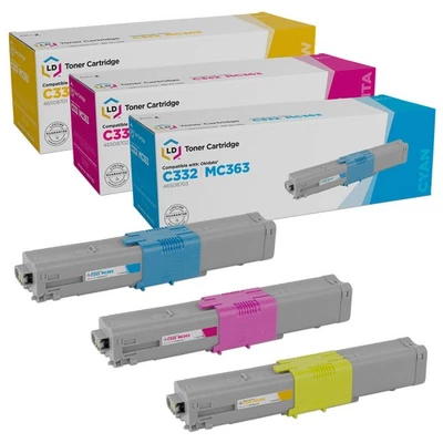 Paquete de 3 tones compatibles con LD Okidata C332dn y MC363dn: cian, magenta, amarillo Foto 1 de 4