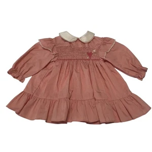 Vintage Polly Flinders Smocked Dress With Heart Baby Girl 12 M Pink Dress - Picture 1 of 6