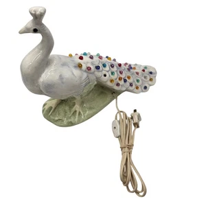 Vintage 1970s Ceramic Peacock Light Up Lamp Figurine Multicolor Jewels Tested - Picture 1 of 15