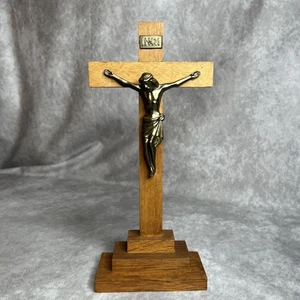 Vintage Wooden Crucifix with Brass Jesus Figurine 11.5” INRI Cross **READ - Picture 1 of 10