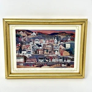 Vintage kleiner Kunstdruck von Tanya M. Richey gerahmt primitive Stadt signiert Volkskunst - Bild 1 von 11
