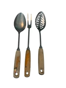 EKCO Eterna Slotted Serving Spoon, Meat Fork, Wood Handle Stainless USA Vtg 3 - Picture 1 of 8