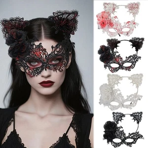 Frauen Halb Gesicht Spitze Maske Party Maske Katze Ohr Stirnband Set Maskerade - Bild 1 von 16
