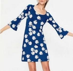 Boden Strick Jersey Miriam Kleid Glockenärmel Holzschnitt blau geblümt 14L - Bild 1 von 6