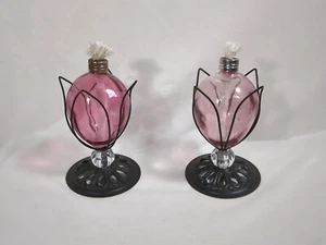 2 schöne dekorative Glas Öllampe Metall Tulpenfuß rosa Glasdocht - Bild 1 von 11