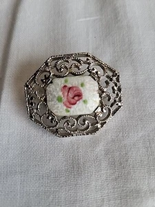 Vintage White Enamel Rectangle w Pink Rose in Curlicue Cut-Out Oxidized SIlverto - Picture 1 of 3
