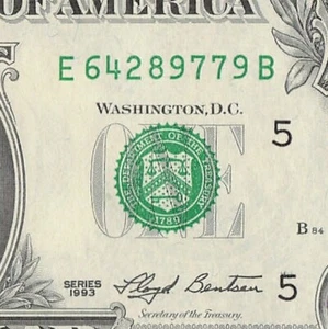 1993 Richmond One Dollar Bill E64289779B B84 Back Plate 531 Crisp UNC - Picture 1 of 11