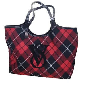 Victoria's Secret Plaid Flannel Red and Black Tote Bag Embroidered Logo - Picture 1 of 6