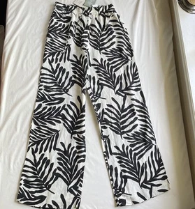 H&M NWT Black White Size S LINEN BLEND Pants Drawstring Waist Wide Leg Pockets - Picture 1 of 18