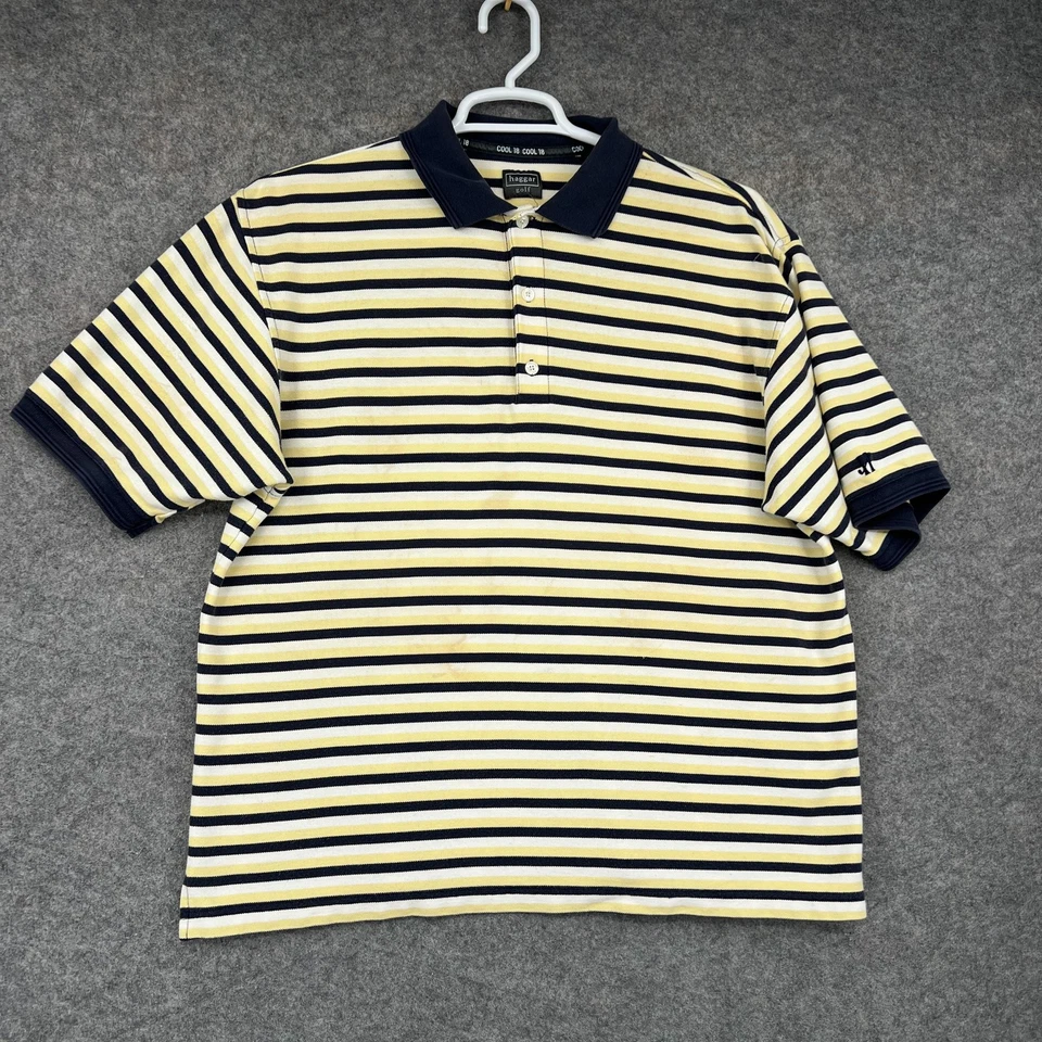 Haggar Golf Polo Shirt Mens Large Yellow Navy Stripe Cool 18 Short Sleeve - Image 1 of 4