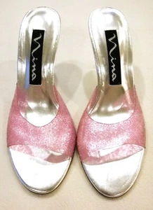 Nina Cotton Candy Pink Crystal Glitter Open Toe Clear Acrylic Sandal Heel Sz 6.5 - Picture 1 of 10