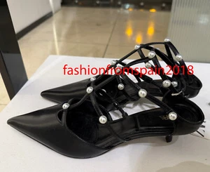 ZARA NEW WOMAN KITTEN HEEL SLINGBACK SHOES WITH FAUX PEARL STRAPS BLACK 2251/410 - Picture 1 of 3