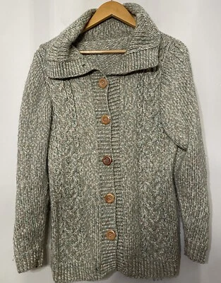 Sweater Womens Collared Cable Knit Flower Button Ran Fleck Heavy Large - Image 1 of 4